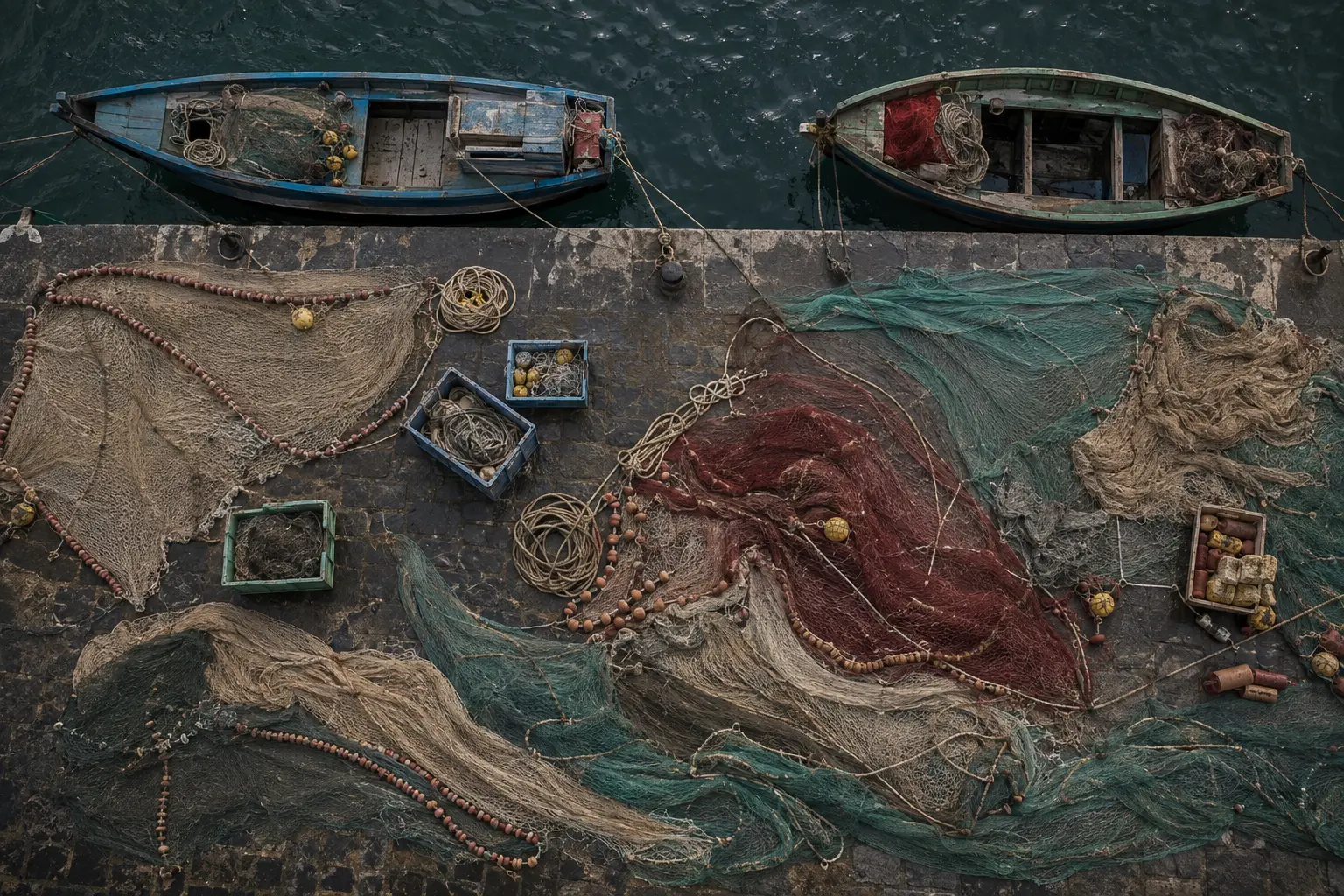 Fishing quay seen directly from above with two wooden boats, spread-out nets, ropes, buoys and weathered crates beside dark water