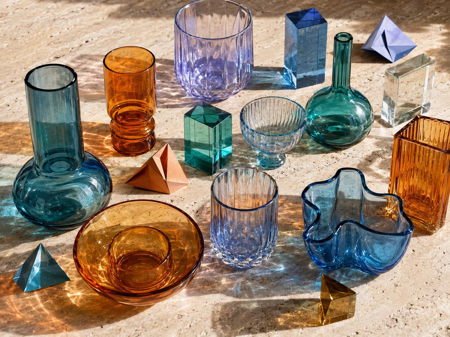 Coloured glass forms with overlapping shadows on a pale stone table