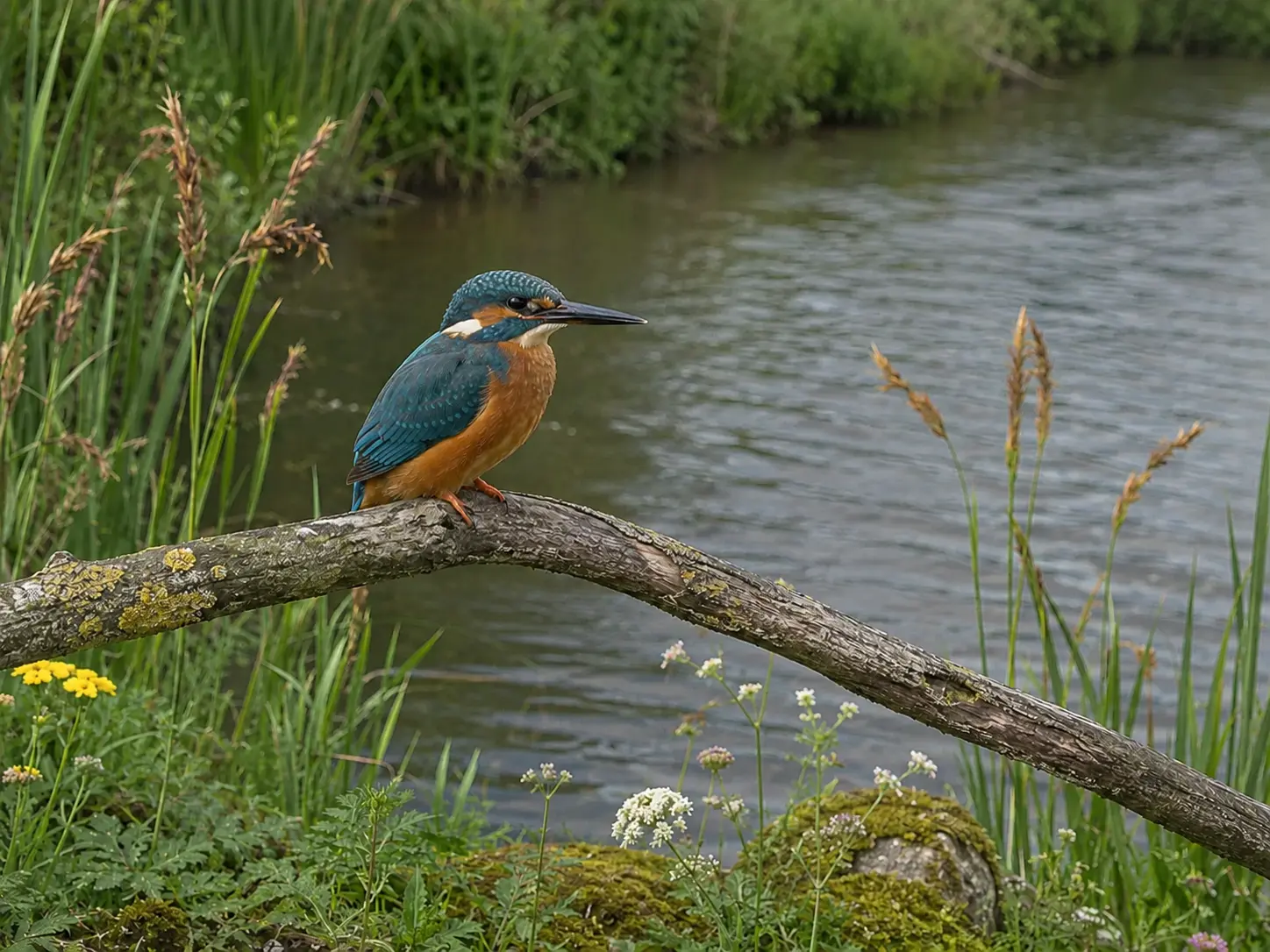 Blue and orange kingfisher on a branch above water among reeds and riverside flowers