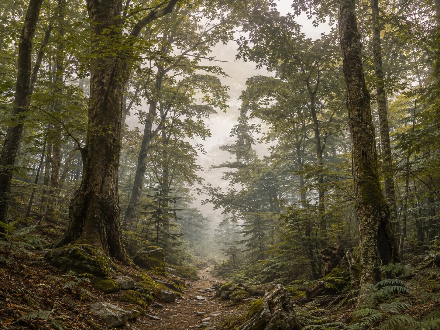 Misty forest where trunks, branches and open sky combine to form a large hidden face
