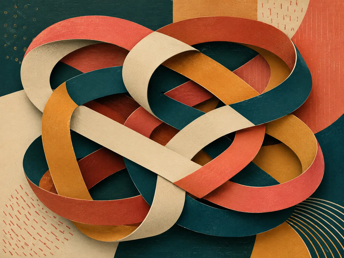 Matte paper ribbon in petrol, coral, ochre and ivory woven into an impossible knot