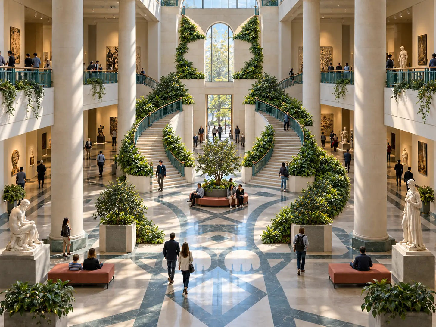 Bright museum hall in which columns, plants, staircases, floor patterns and visitors combine to form the hidden shape of a large cat.