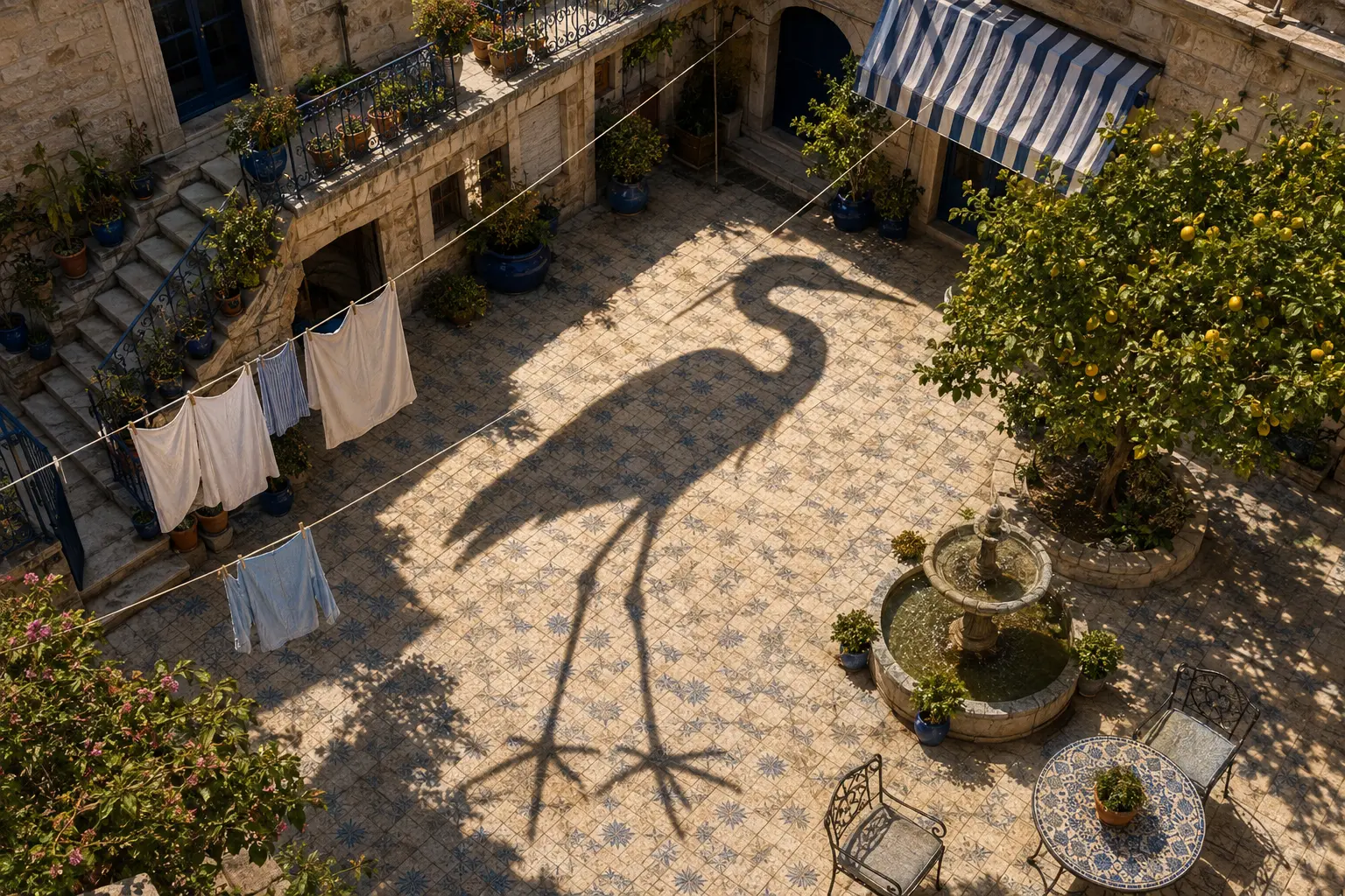 Sun-drenched Mediterranean courtyard with patterned tiles, laundry, a lemon tree, and a fountain, where the composite shadows form the silhouette of a large heron.