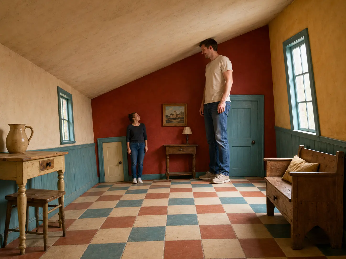 Colourful crooked room with a tiled floor where a woman looks tiny and a man looks enormous