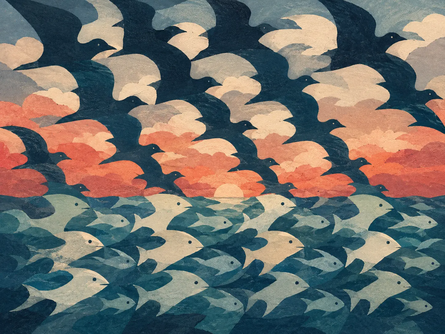 Layered paper collage where dark birds above the horizon turn into pale fish underwater