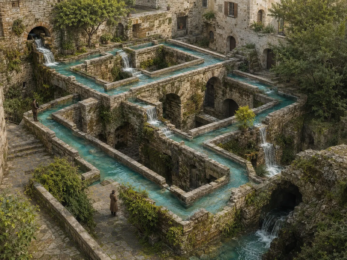 Old stone courtyard with water channels and waterfalls forming an impossible closed circuit