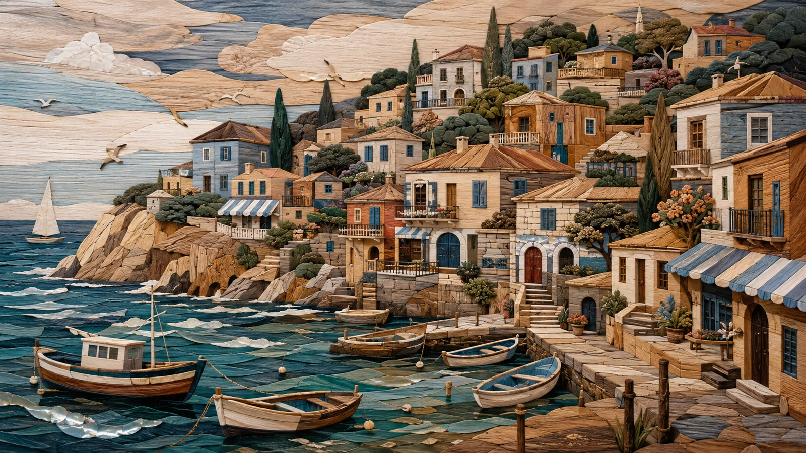 Detailed wooden marquetry artwork of a Mediterranean coastal village with fishing boats in the water, stone jetties and quays, and houses set against a hillside.