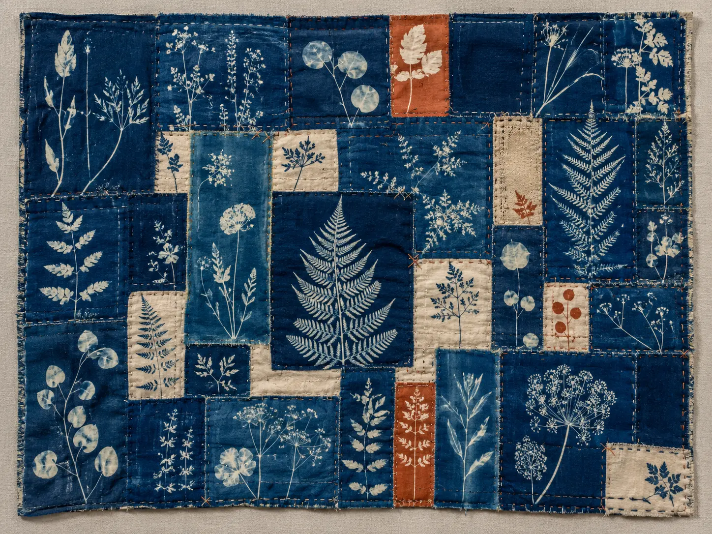 Patchwork quilt of botanical cyanotypes in deep blue with visible stitching and rust-orange accents