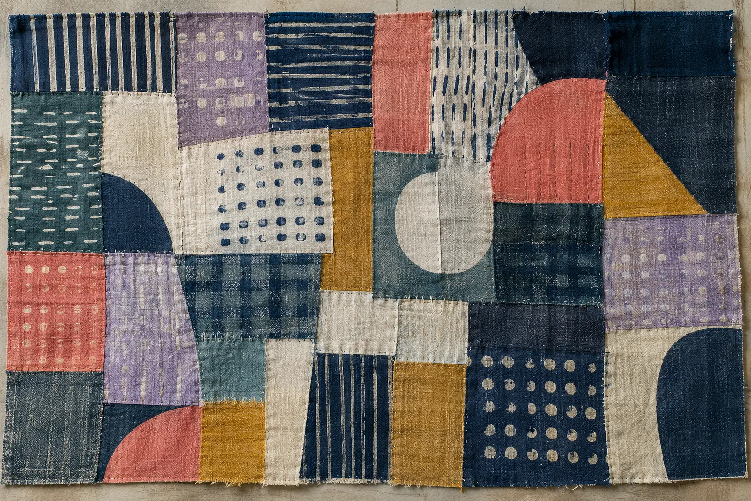 Hand-printed linen and cotton patchwork with visible seams and imperfect patterns in indigo, petrol, coral and ochre
