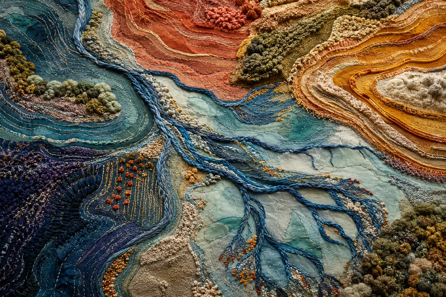 Tactile textile artwork of braided river branches, stitched contour lines, tufted hills, and translucent fabrics in petrol, rust, saffron, indigo, and cream.