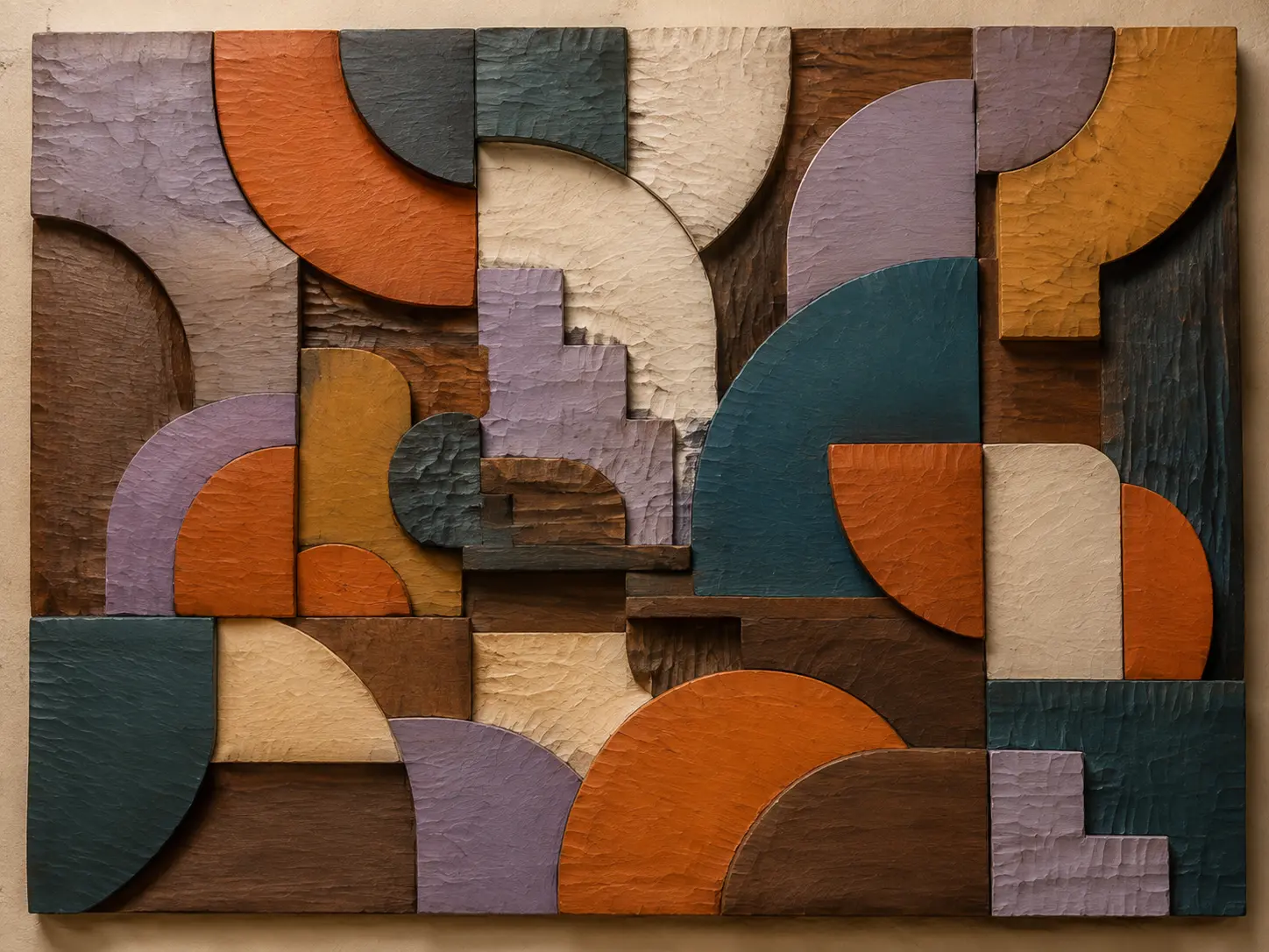 Hand-carved wooden wall relief with arches and colour fields in orange, petrol, mustard and lilac
