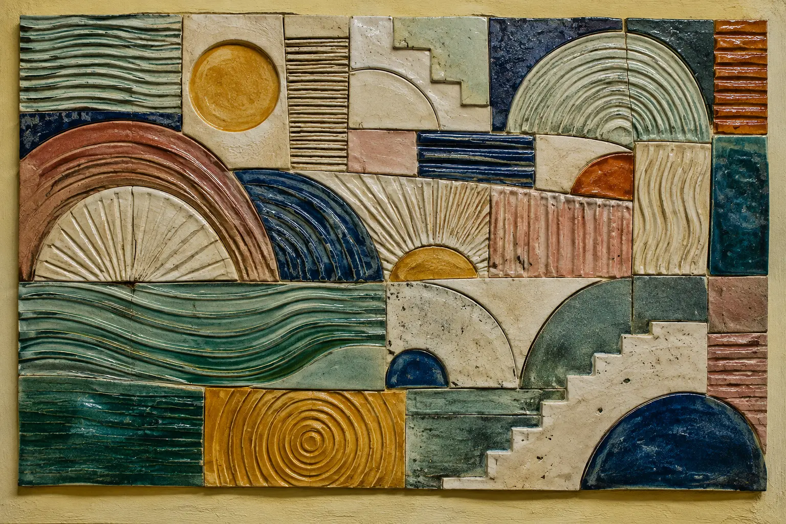 Handmade wall relief of glazed ceramic tiles with waves, arches and suns in green, blue, rose and ochre