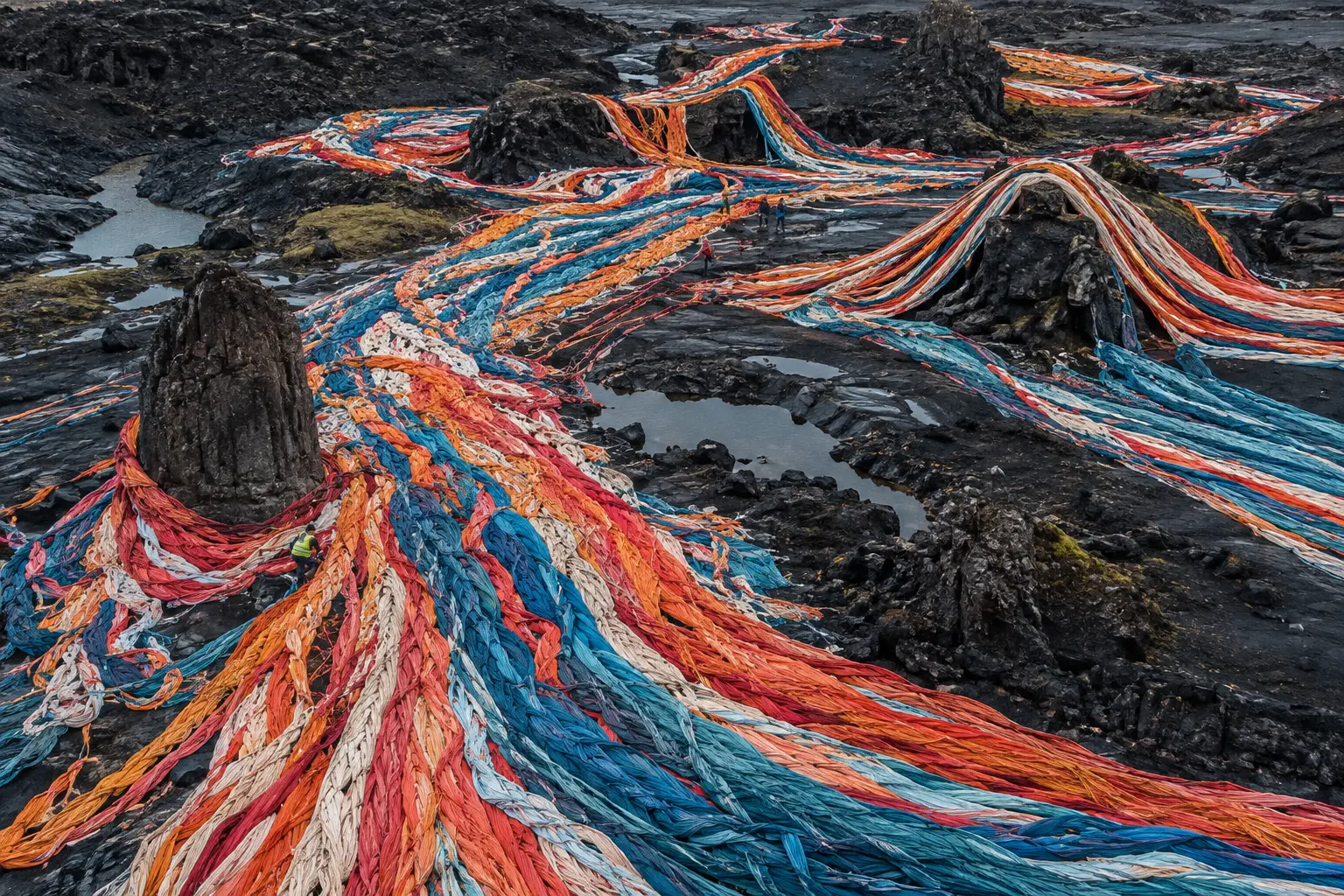 Monumental textile artwork on black lava rock, in which braided strips in petrol, coral, orange and cream flow between boulders and small pools of water.