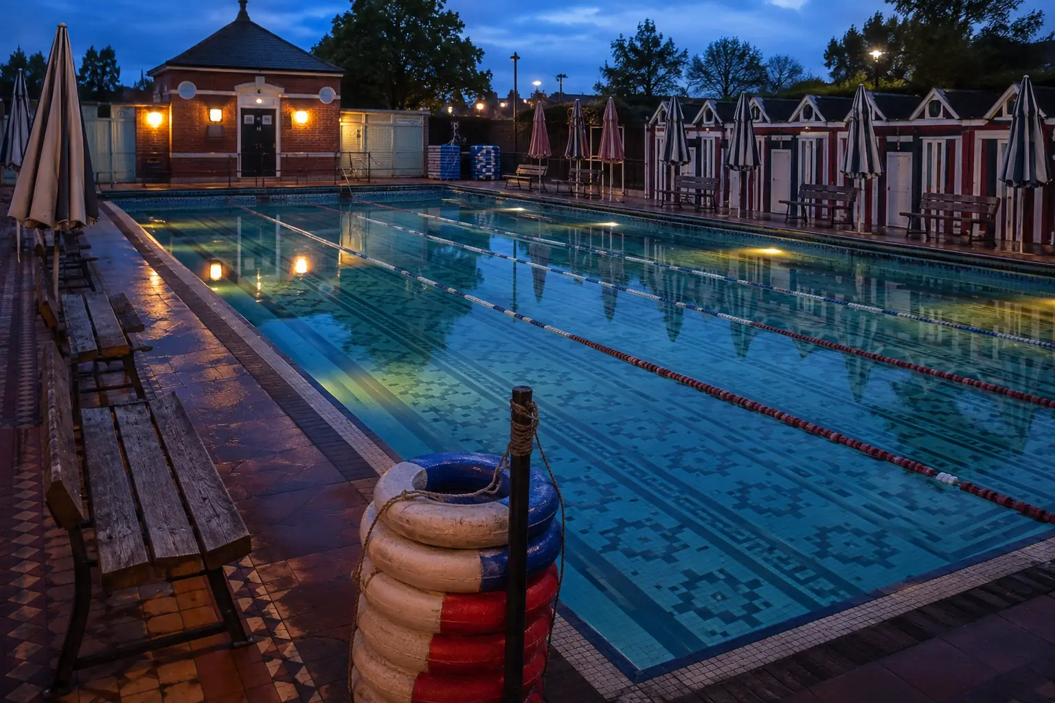 Historic outdoor pool at blue hour with mosaic tiles, lane ropes, striped changing cabins, wooden benches, lifebuoys and warm lamps