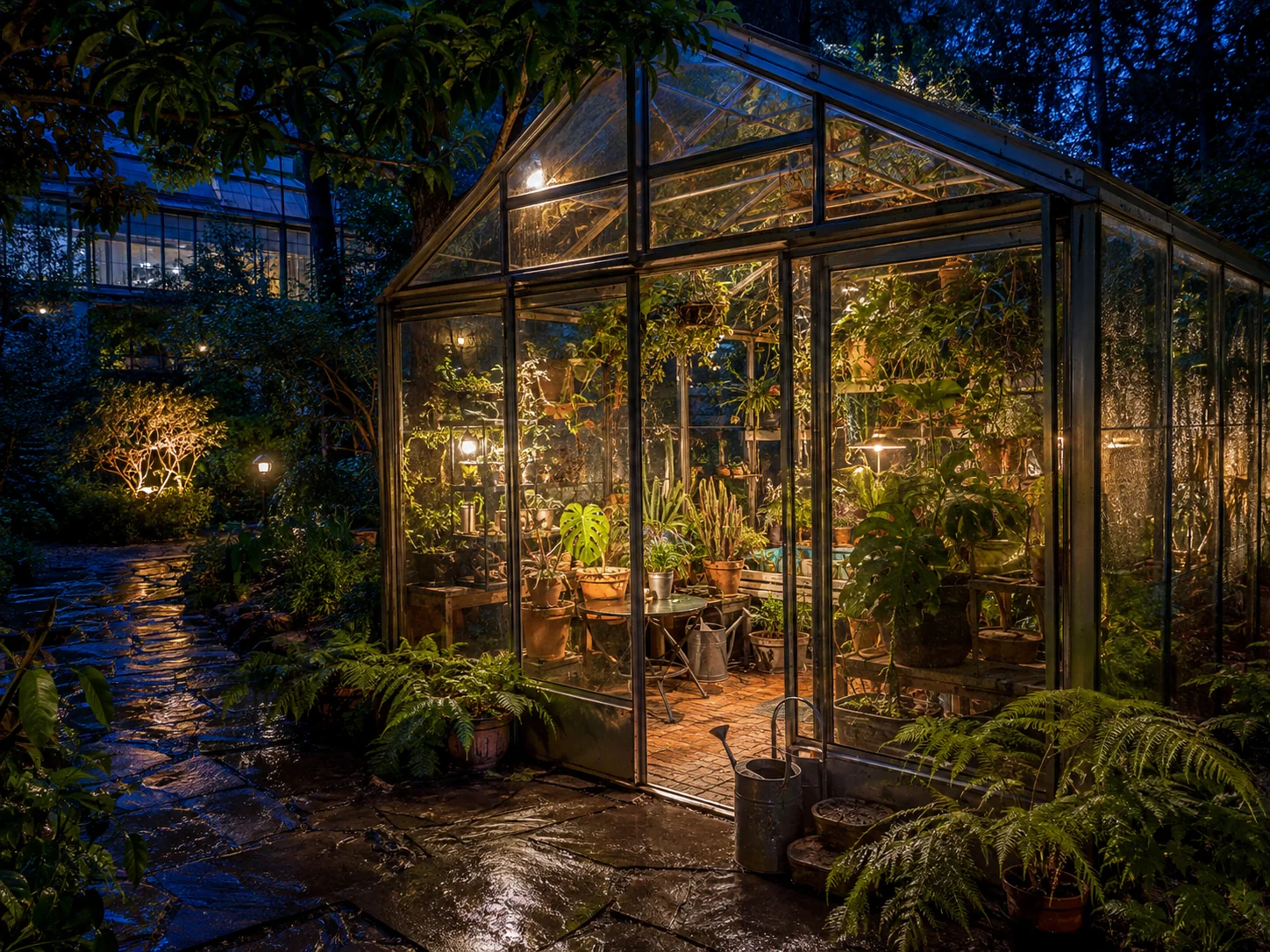 Warmly lit glass greenhouse in a wet botanical garden during blue hour
