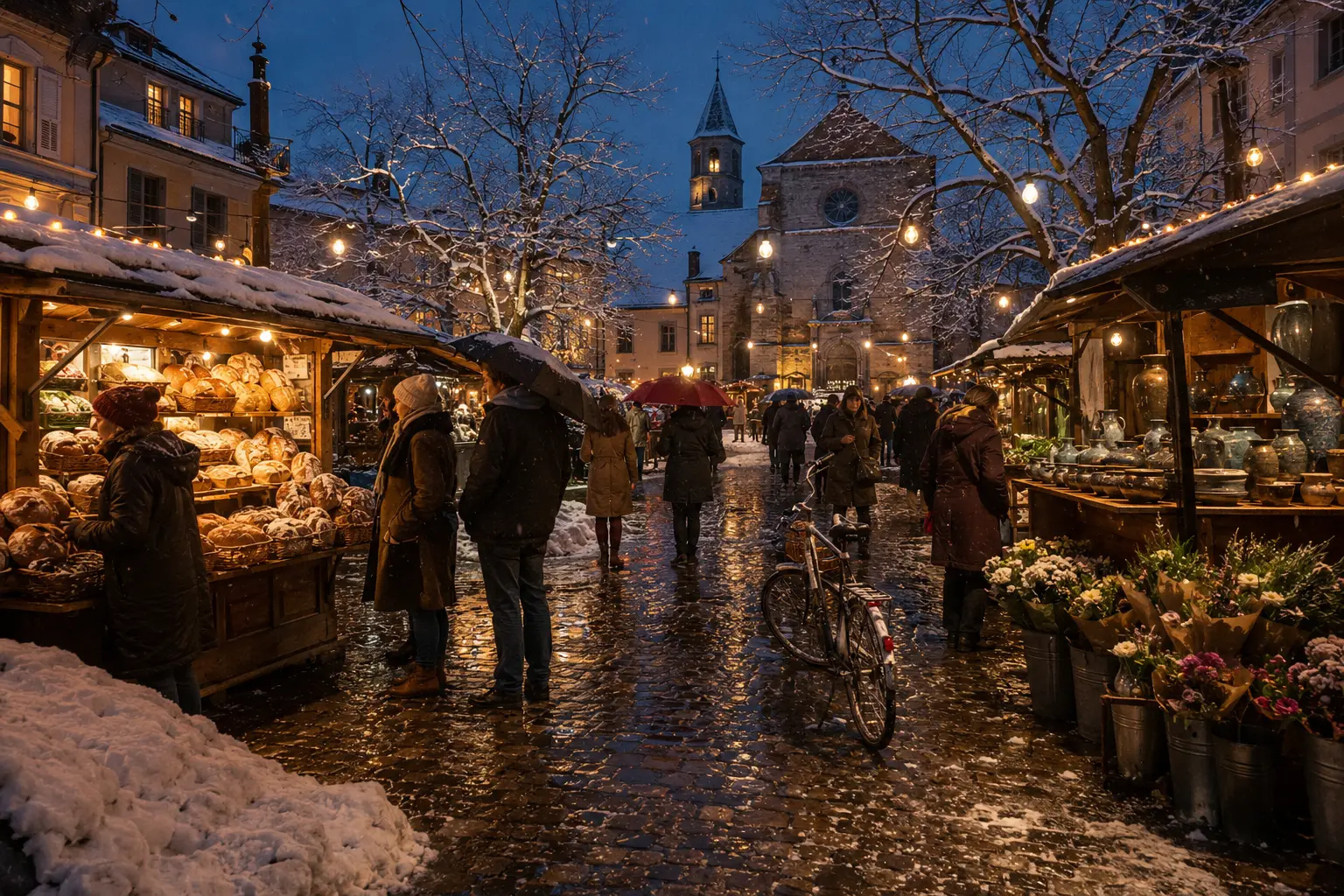 Snowy evening market with bread, pottery, flowers, umbrellas, bicycles and warm lights reflected on wet cobbles