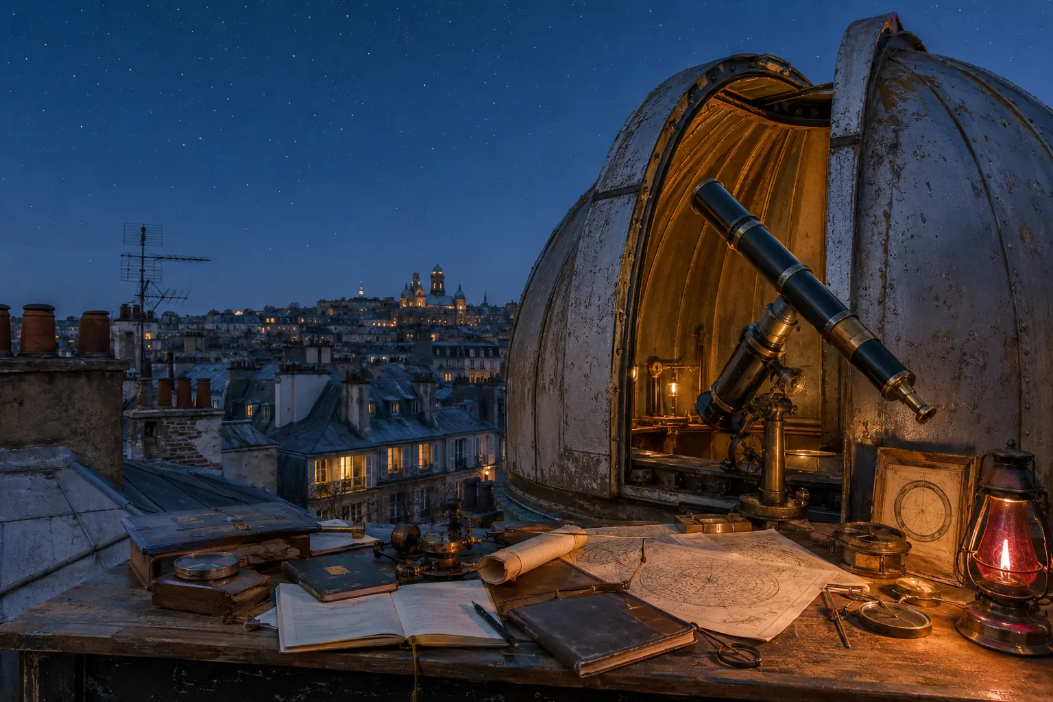 Old rooftop observatory at blue hour with an open dome, telescope, star charts, instruments and warm lamps above the city