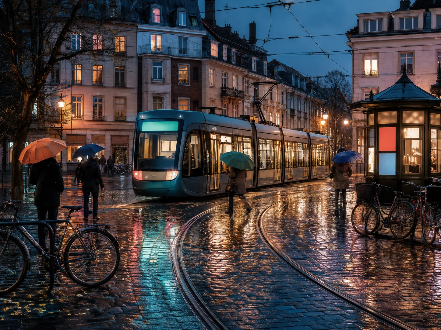Tram on a wet evening street with umbrellas, bicycles, rails and light reflections