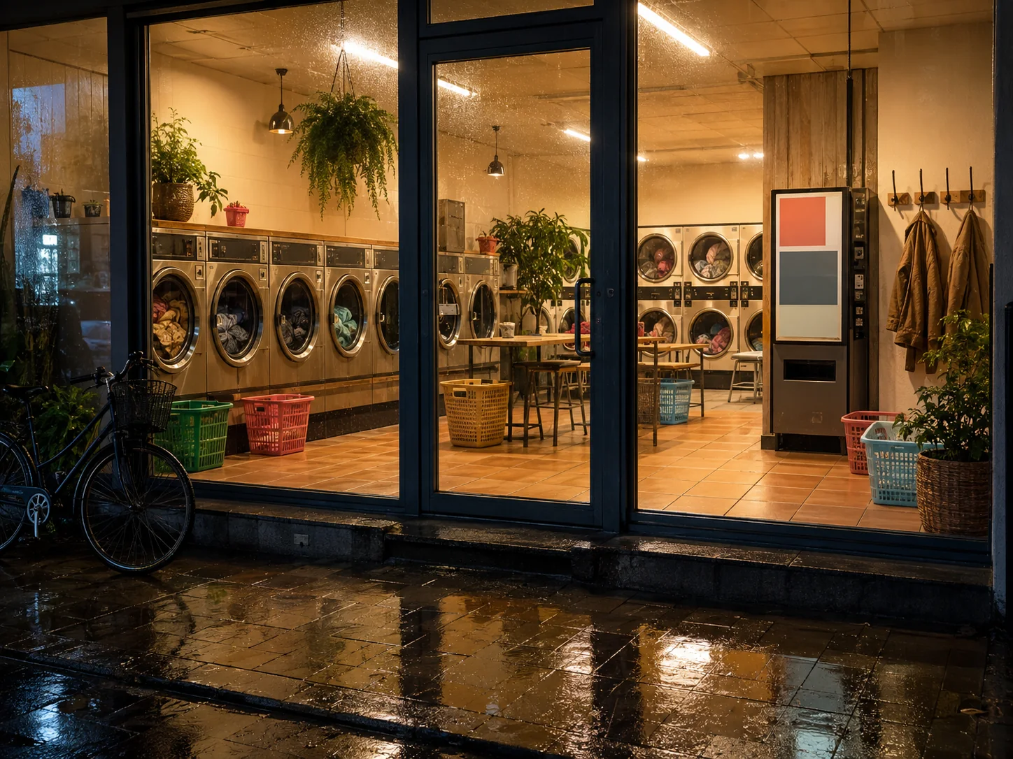 Warmly lit laundromat behind glass with washers, baskets and rain reflections