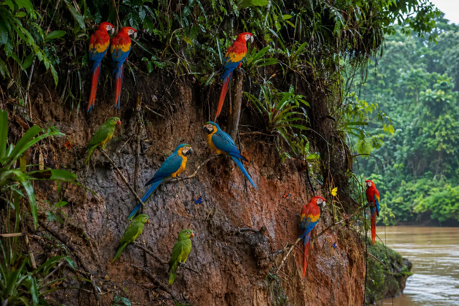 Colourful macaws and smaller parrots gather on a steep clay wall among roots and tropical greenery, with the river along the bank.