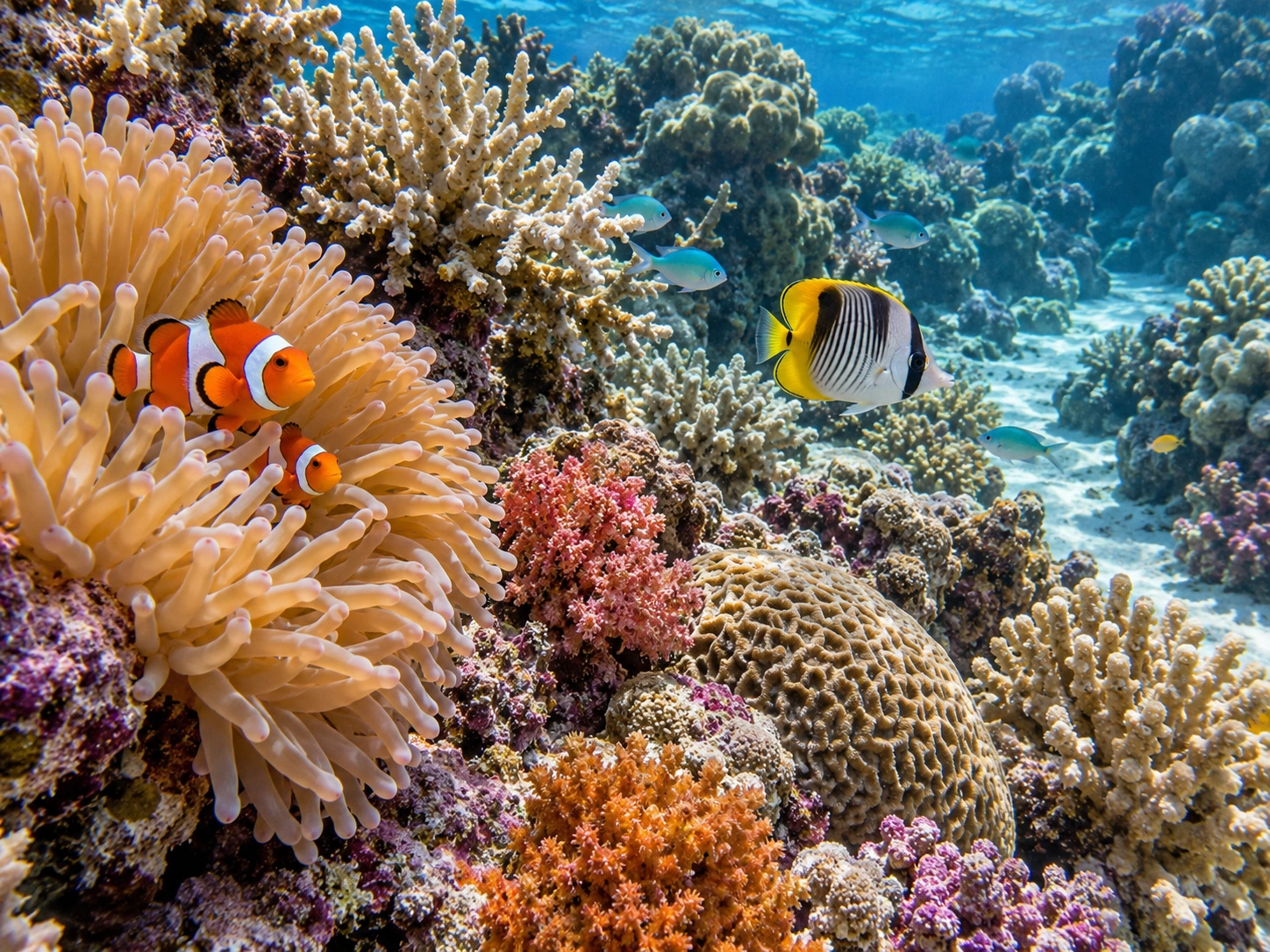 Two clownfish amongst the tentacles of a sea anemone, with a yellow-striped fish and small blue fish above a colourful coral reef.