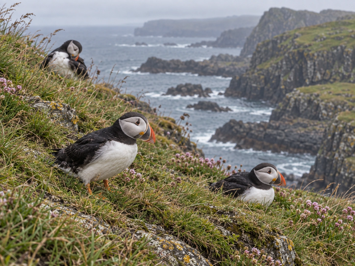 Three puffins amongst grass, rocks and small flowers on a coastal slope, with a grey sea and cliffs in the background.