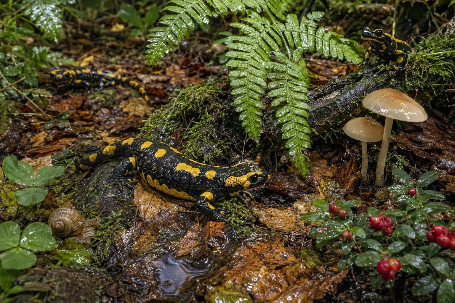 Fire salamanders on a wet forest floor among glossy ferns, moss, beech leaves, mushrooms, red berries, a snail, and small puddles of rain.