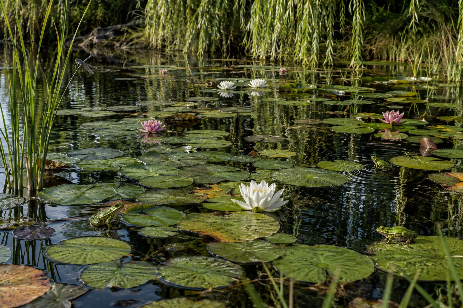 Still pond with pink and white water lilies, willow reflections, a dragonfly and three green frogs among the leaves