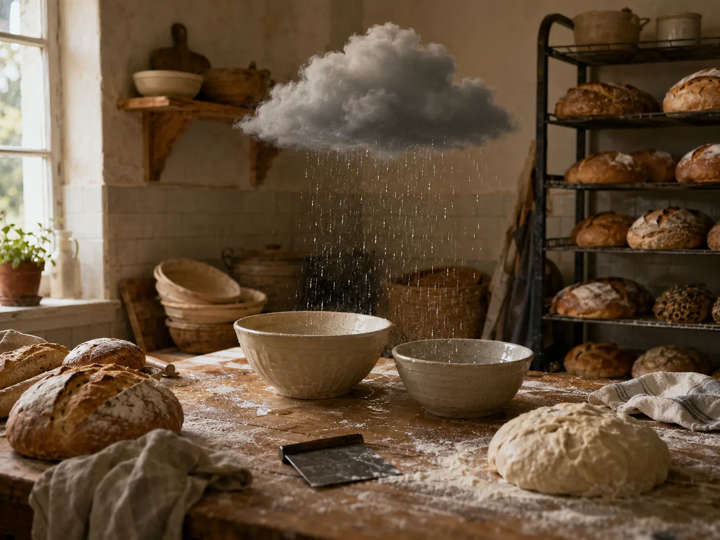 Small rain cloud above a flour-dusted bakery table with bread, dough and mixing bowls