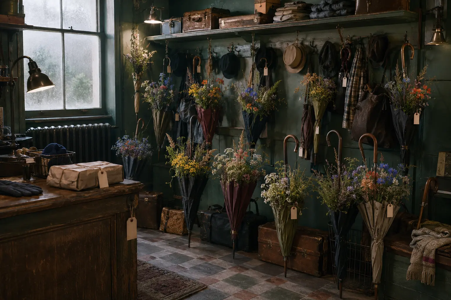 Old station luggage room with suitcases, hats, and umbrellas from which bouquets of wildflowers and grasses grow.