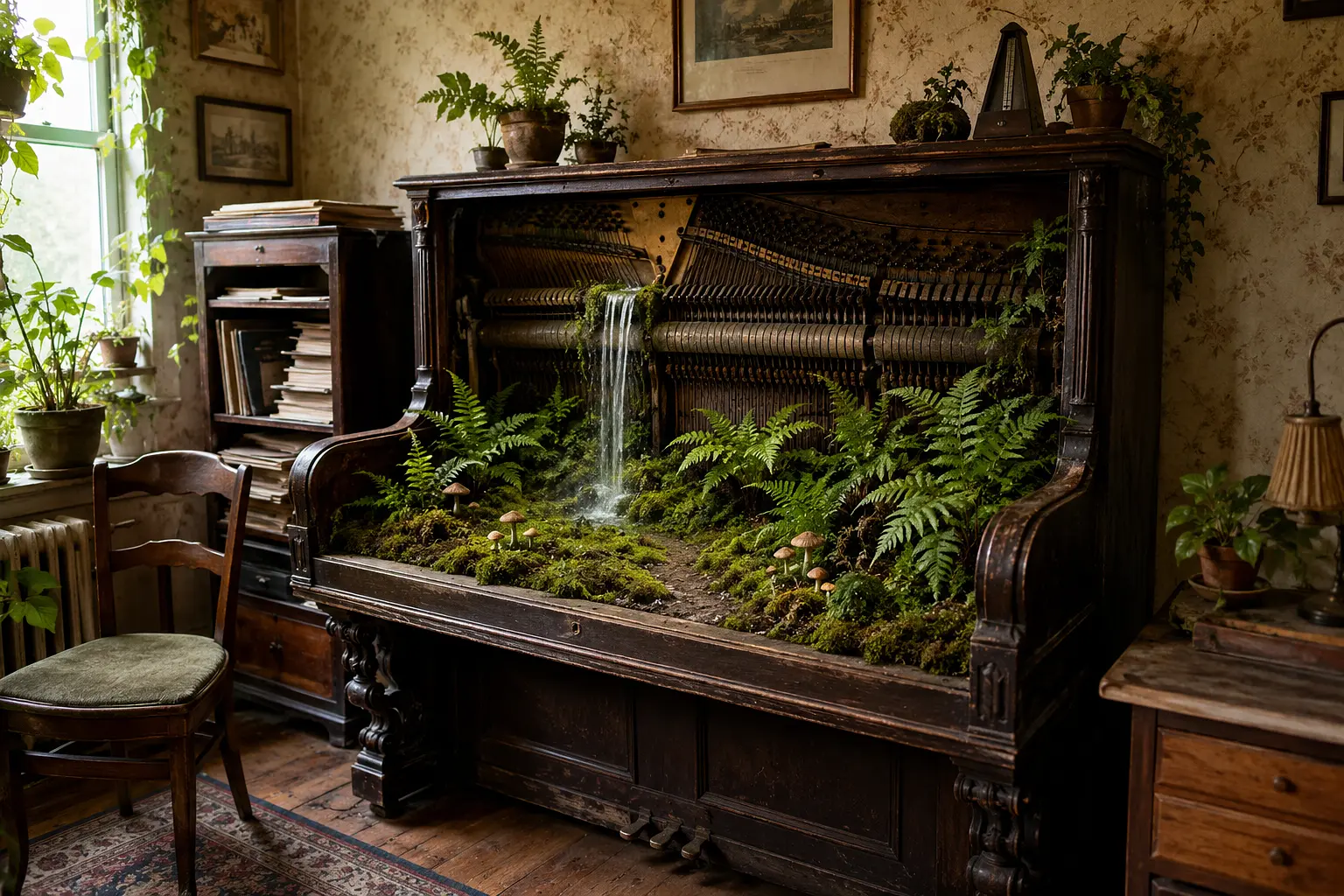 Old upright piano with a miniature forest of ferns, moss and a waterfall growing where the keys should be