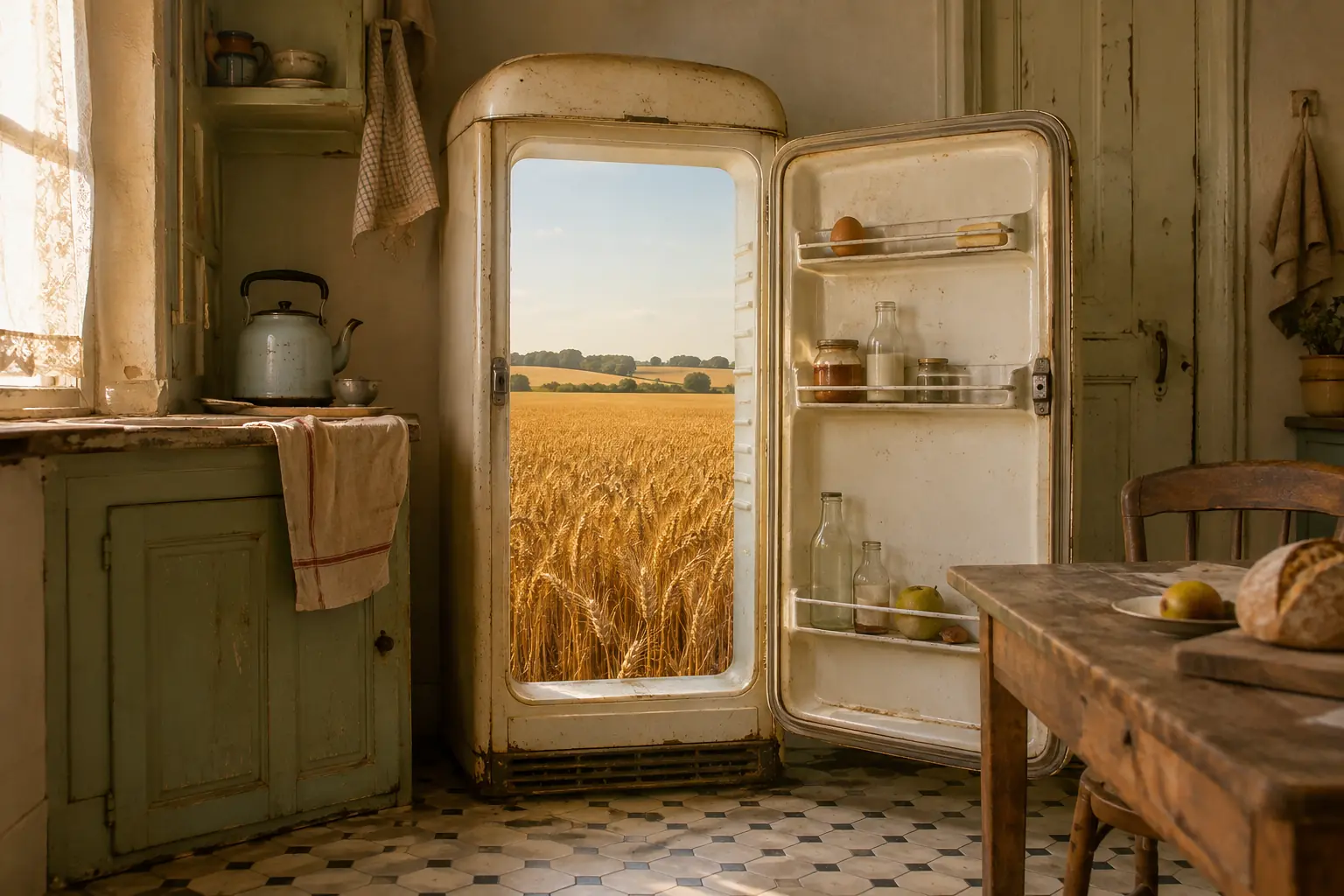 Lived-in kitchen with an open vintage fridge containing a sunlit grain field stretching to the horizon