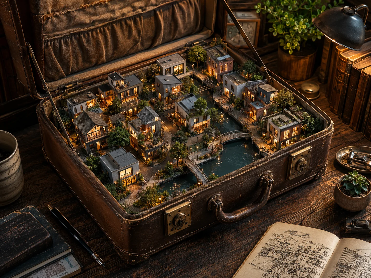 Open leather suitcase containing a lit miniature village, canal, bridges and trees