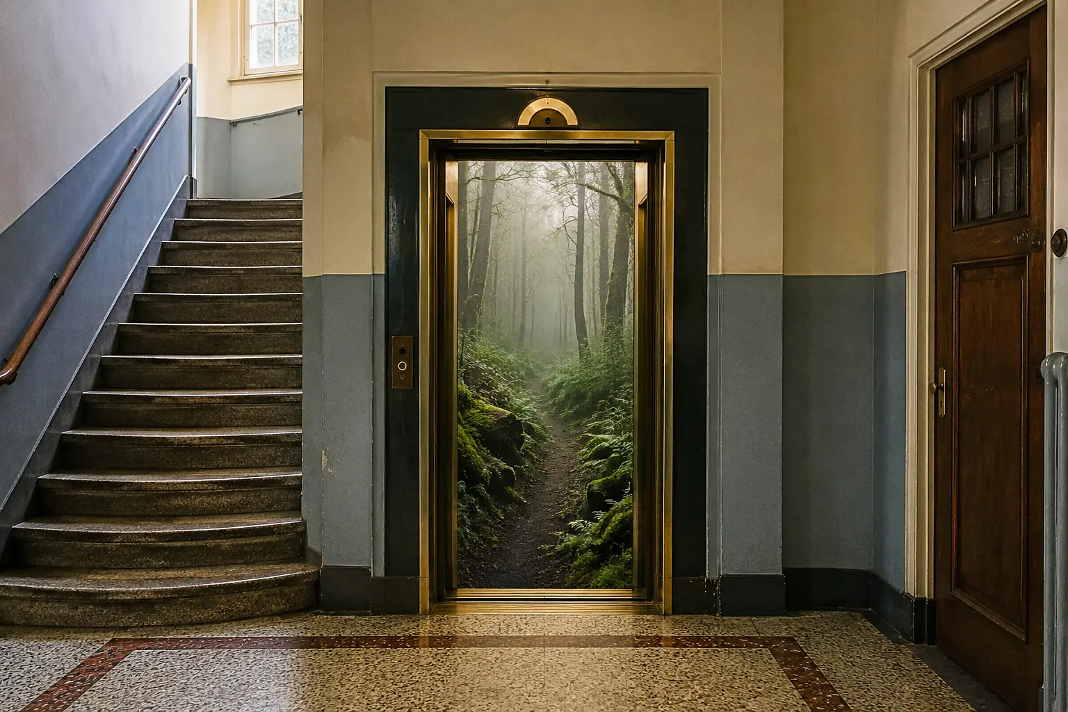 Old stairwell with an open brass lift leading onto a misty woodland path among ferns and moss