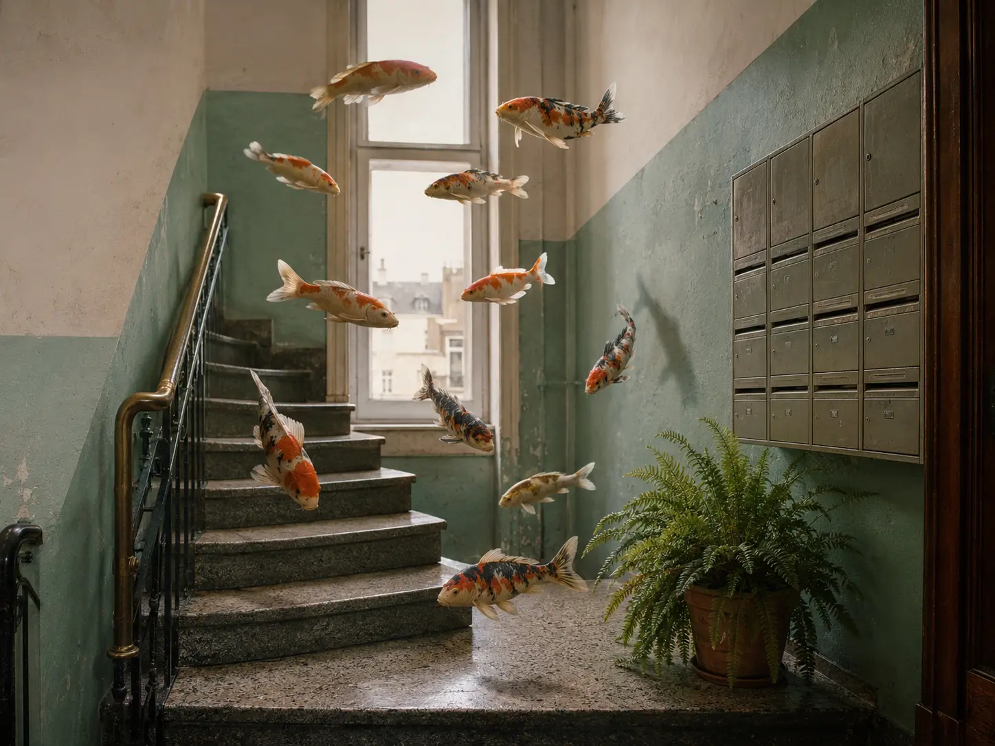 Colourful koi carp swimming through the air in a worn European apartment stairwell