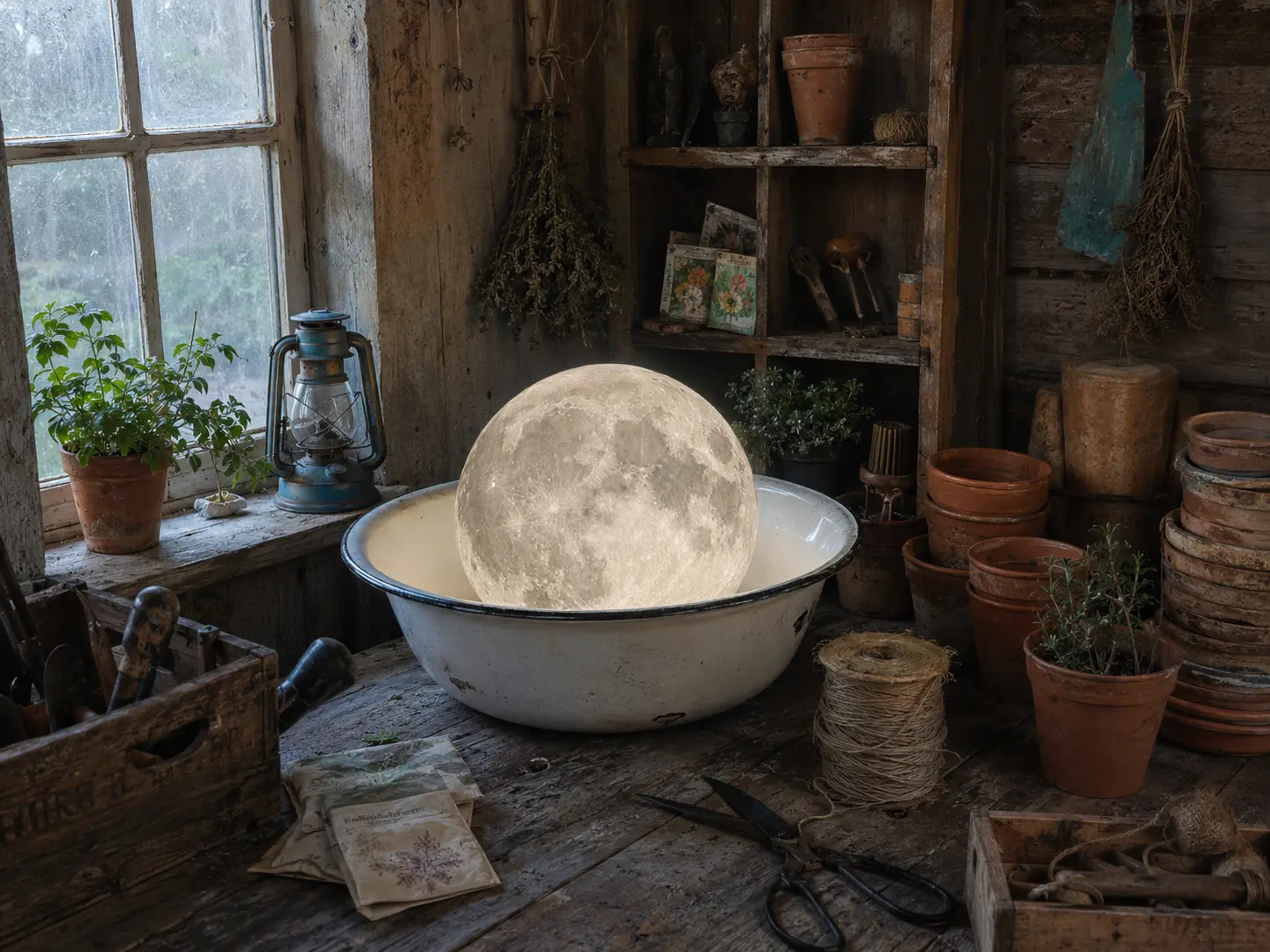 Full moon in an enamel washbasin among pots, plants and garden tools in a weathered shed