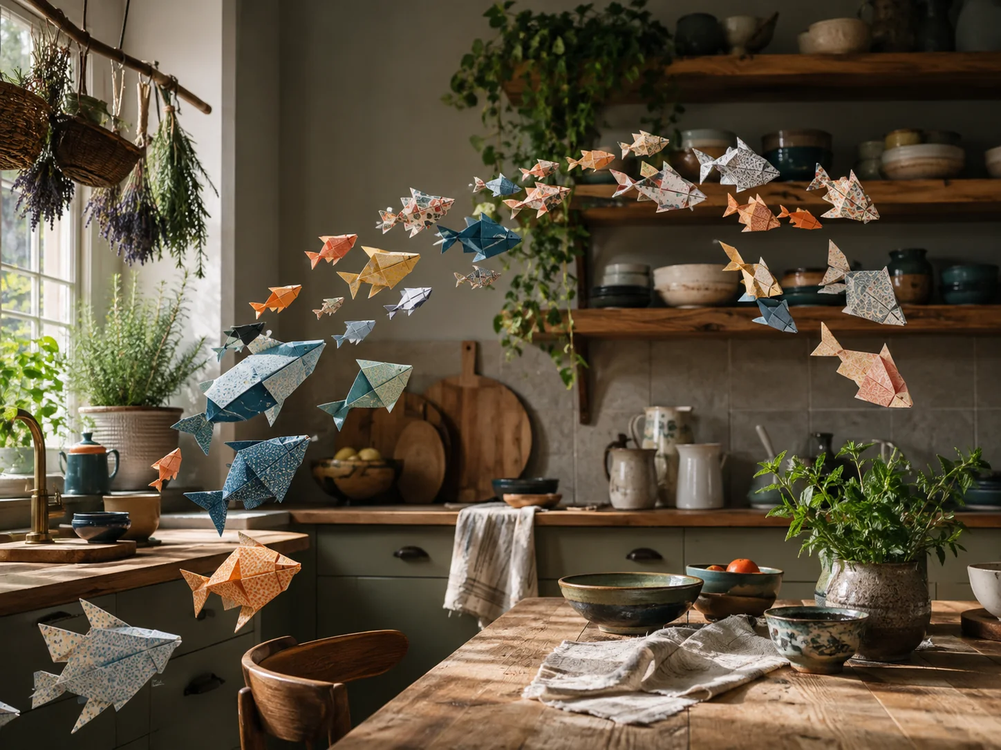 School of folded paper fish drifting through a modern kitchen in morning light