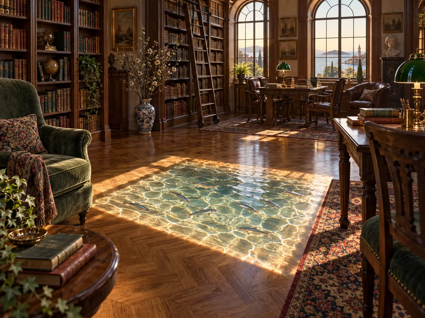 Old reading room where a rectangular patch of light on the intact parquet floor turns into shallow, rippling seawater with silver fish.