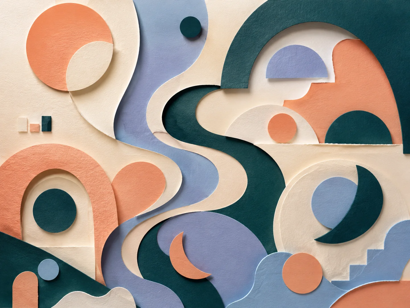Layered abstract paper collage in petrol, periwinkle and apricot