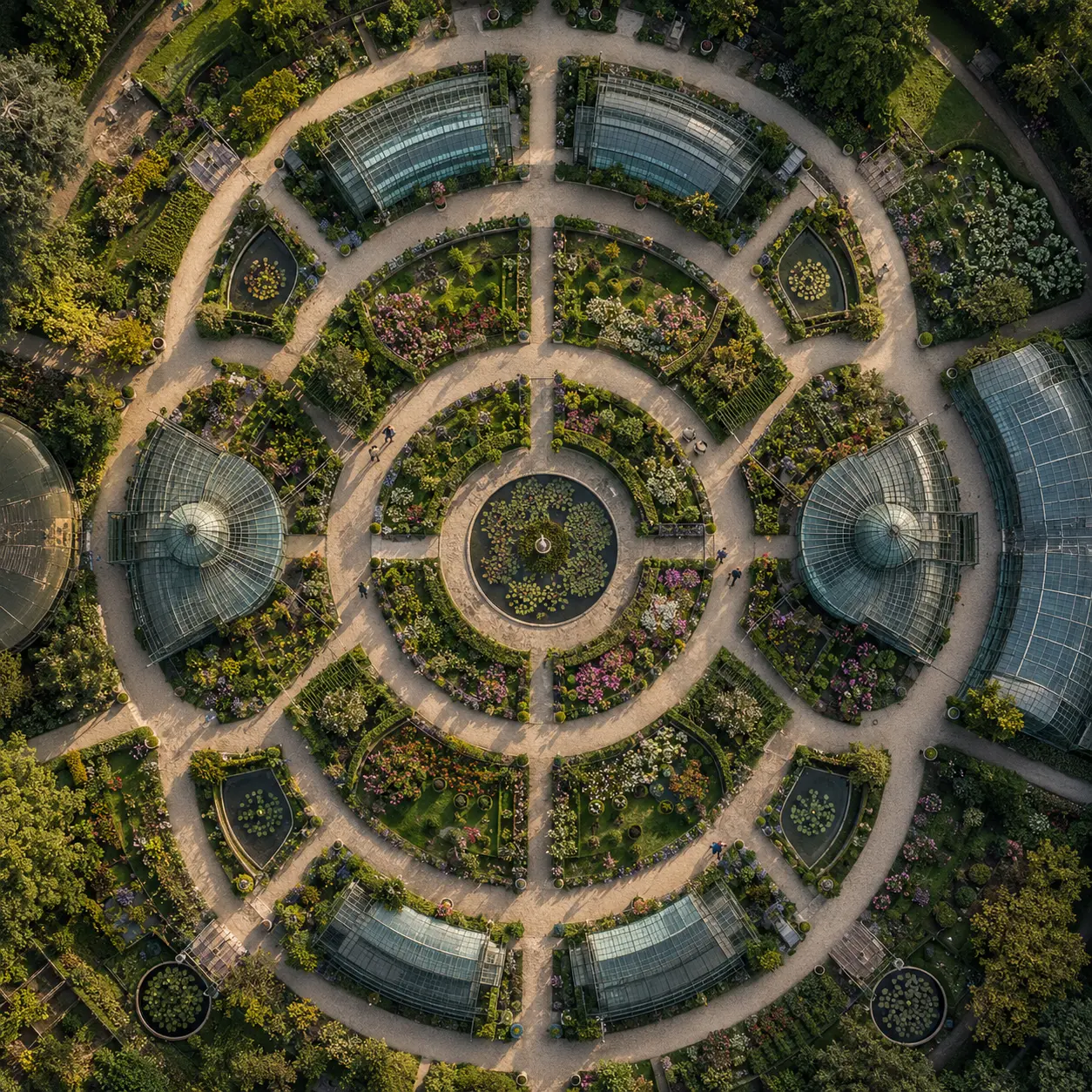 Botanical garden seen directly from above with circular gravel paths, glasshouses, lily ponds and colourful flower beds
