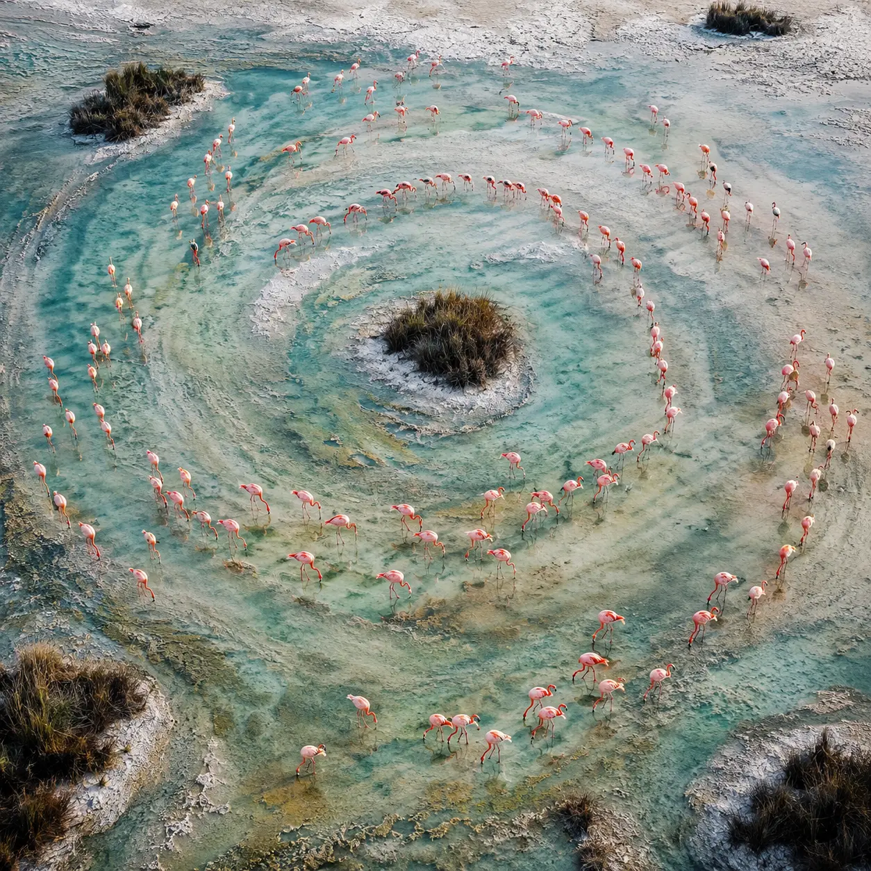 Aerial view of flamingos forming a loose circle in turquoise mineral water between pale salt flats and small reed islands