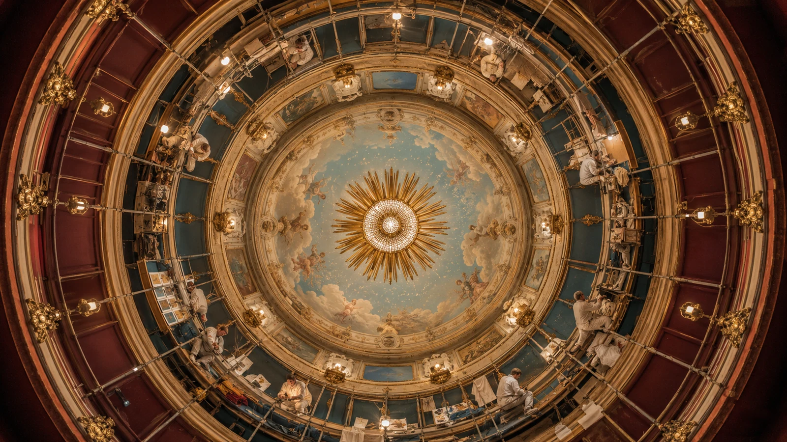Low-angle view of a richly decorated circular theatre dome with a golden sun chandelier in the centre, surrounded by painted frescoes, gilding, and scaffolding where restorers are at work.