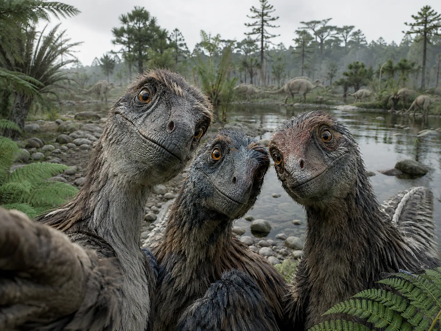 Three feathered dinosaurs taking a selfie beside a prehistoric river filled with ferns and other dinosaurs