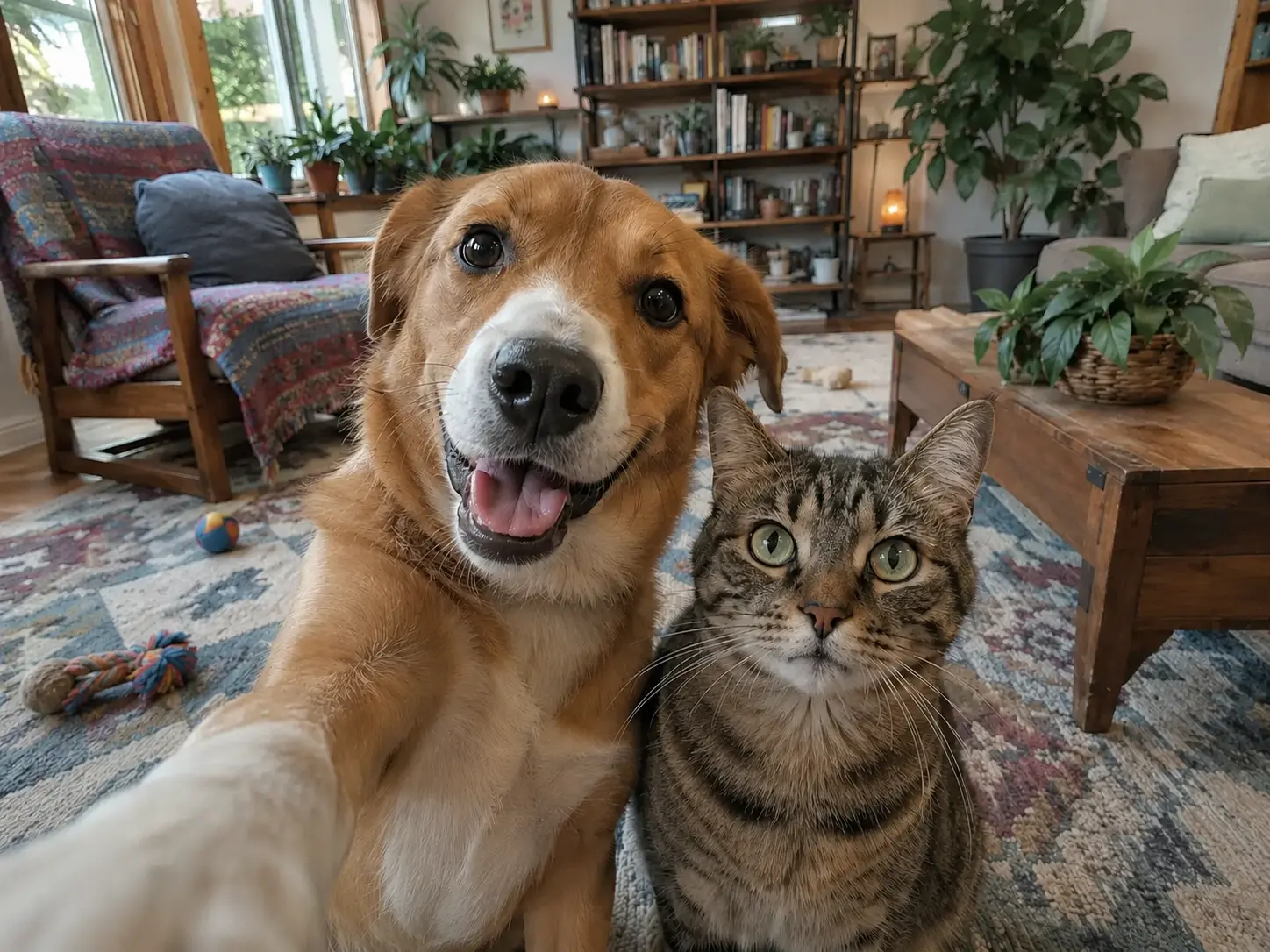 Dog and cat taking a selfie together in a warm living room with plants, books and a colourful rug