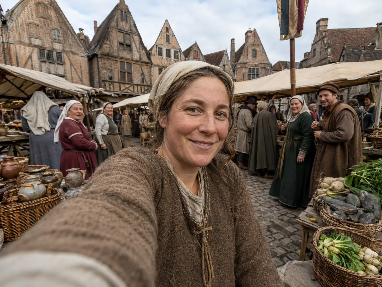 Medieval woman taking a selfie in a busy market square with stalls, pottery and timbered houses