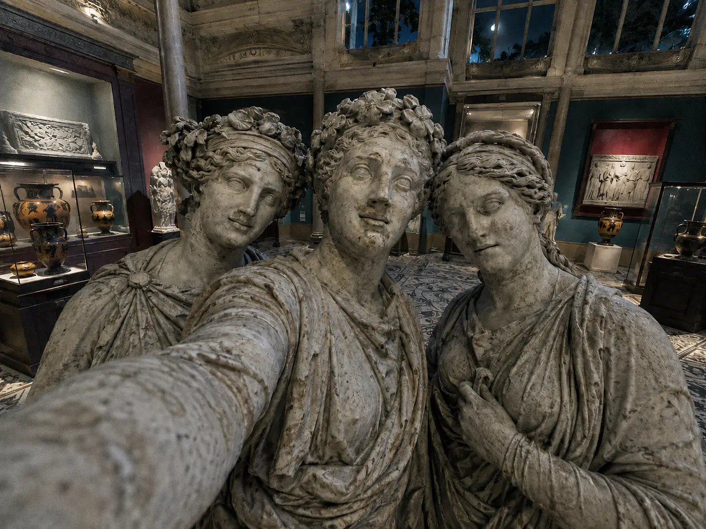 Three classical marble statues taking an after-hours selfie in a warmly lit museum