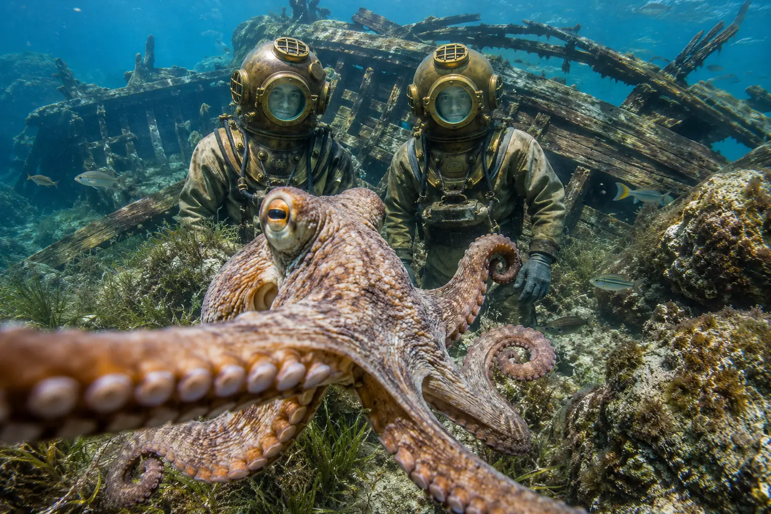 Curious octopus takes an underwater selfie in front of a shipwreck with two divers in vintage brass helmets