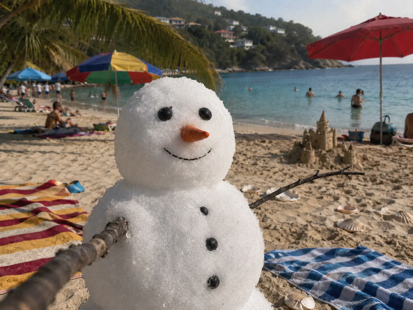 Snowman taking a sunny holiday selfie on a tropical beach with parasols, towels and a sandcastle