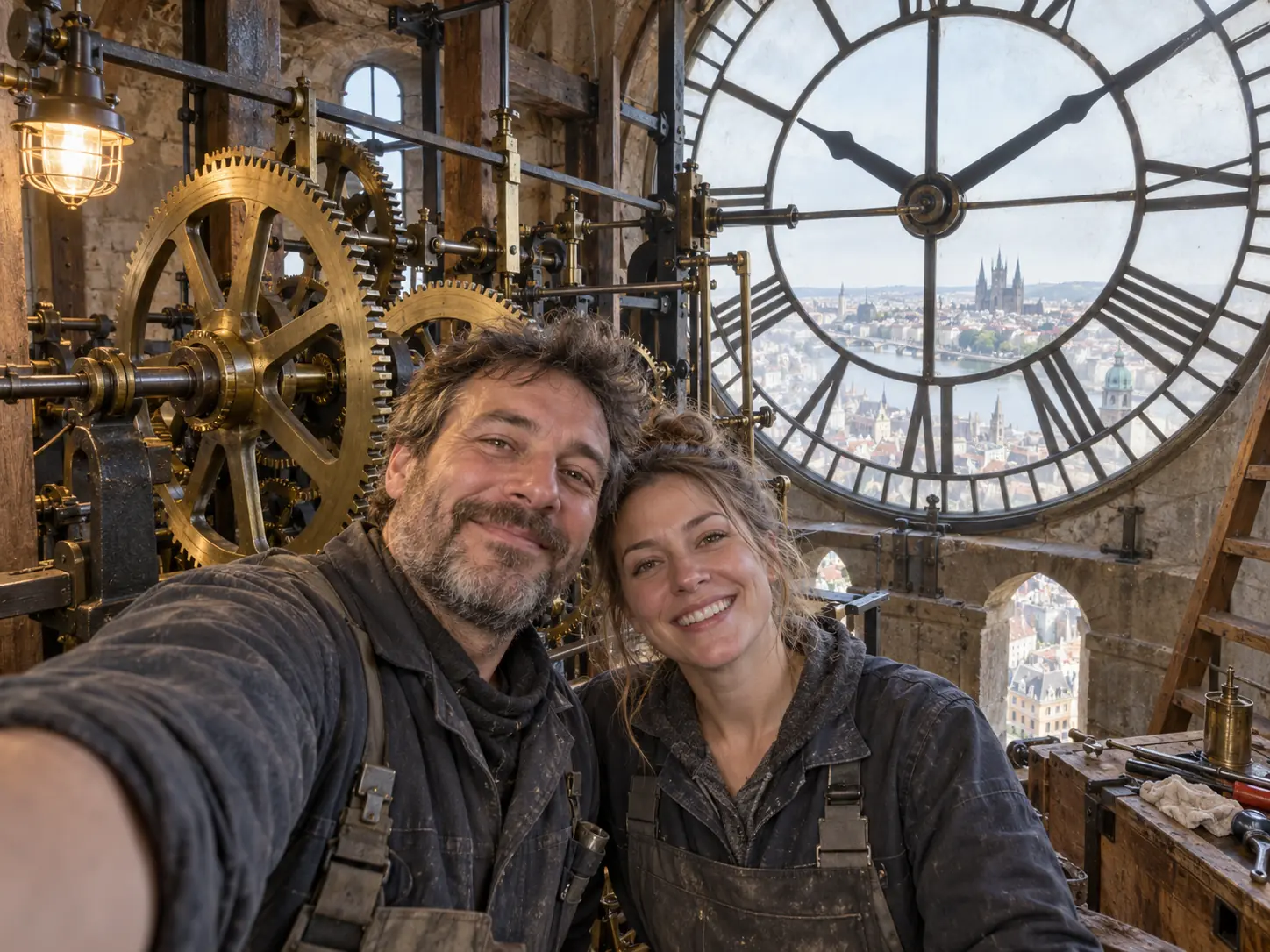 Two clockmakers look into the camera for a selfie among the brass mechanism of a tower clock, with the hands at ten past ten and the city below.