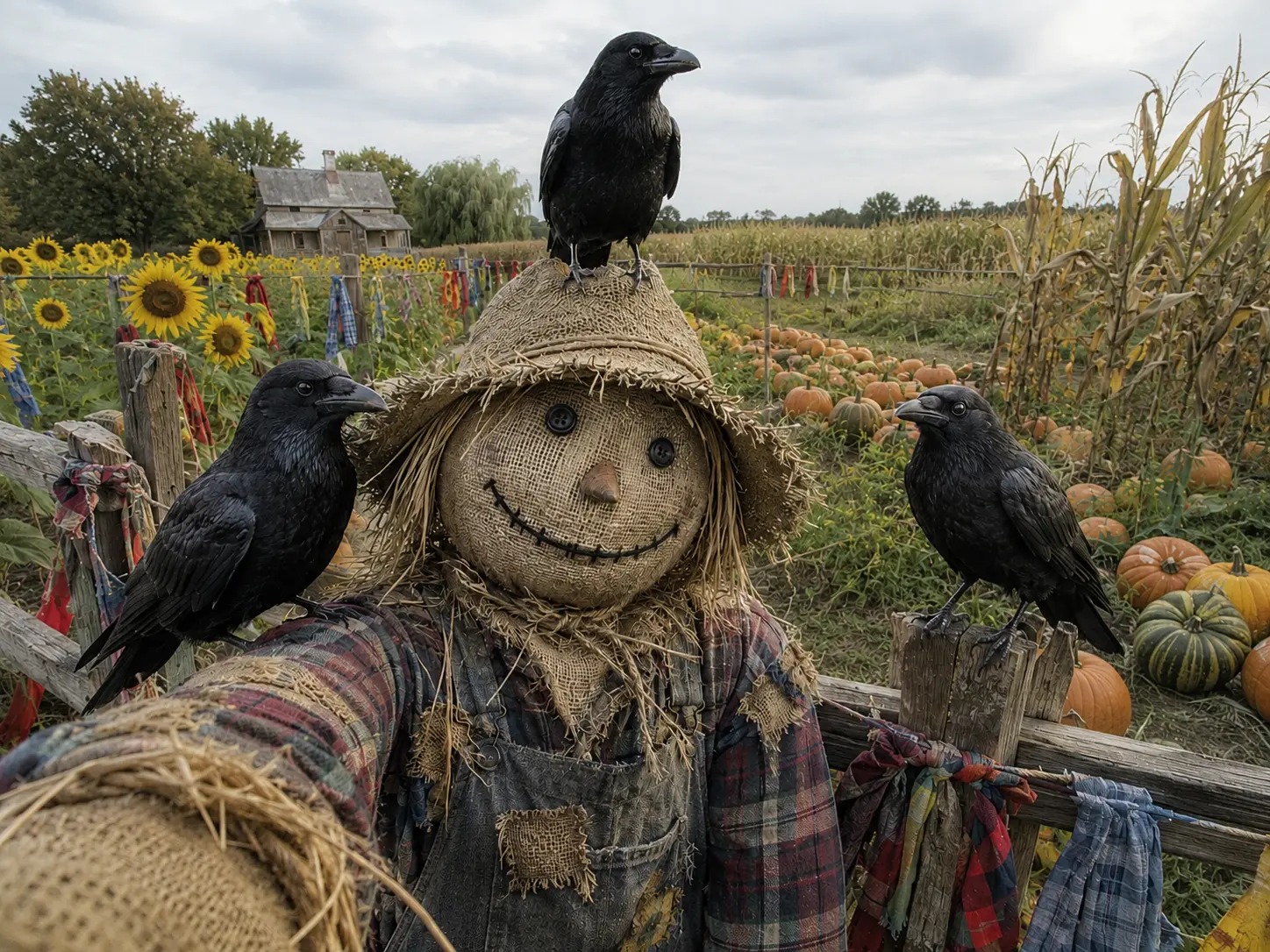 Scarecrow taking a group selfie with three crows among sunflowers, pumpkins and corn